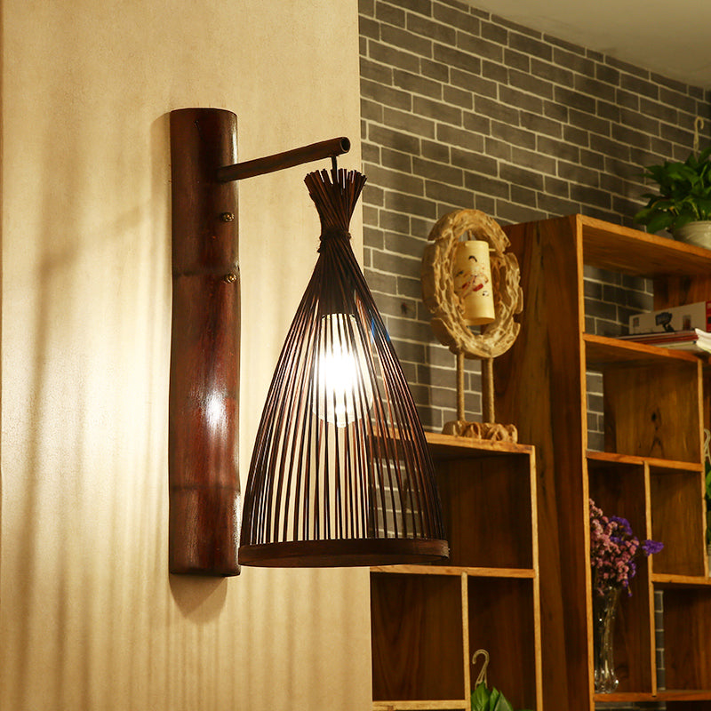 Conic Bamboo Wall Lamp - Dark Brown, 1 Head Wall Mounted Light for Kitchen