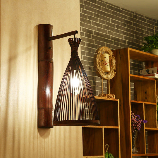 Conic Bamboo Wall Lamp - Dark Brown, 1 Head Wall Mounted Light for Kitchen