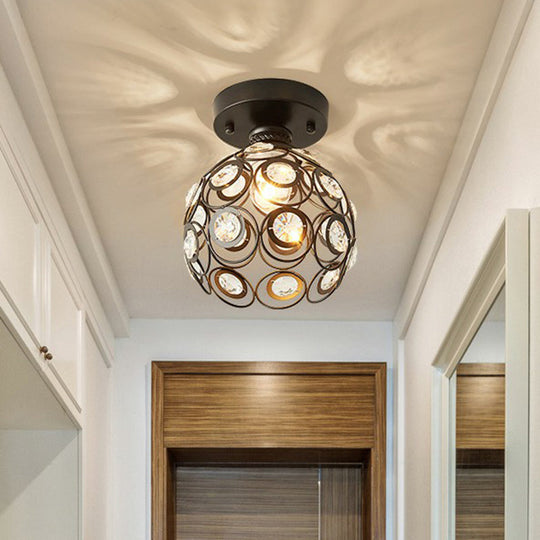 Retro Crystal Ceiling Light: Black Semi Flush Single-Bulb Design for Corridor