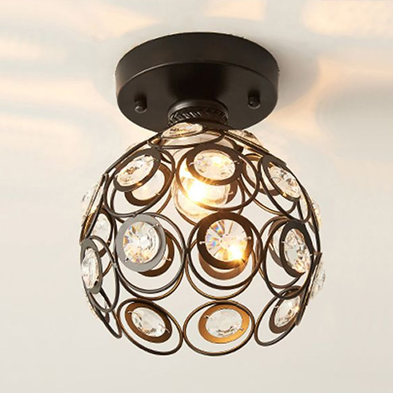 Retro Crystal Ceiling Light: Black Semi Flush Single-Bulb Design for Corridor