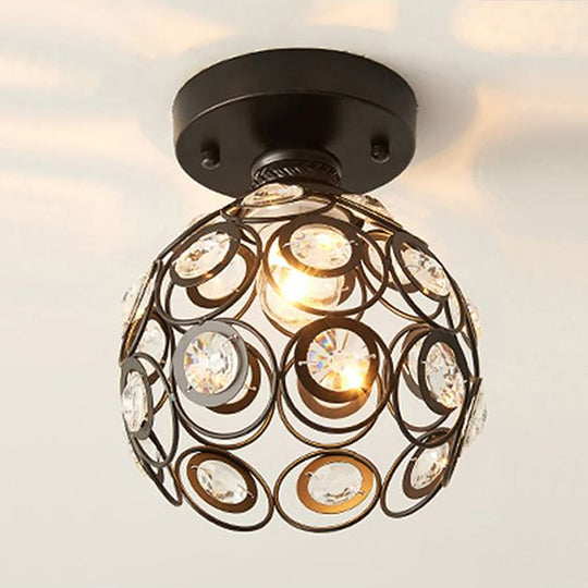 Retro Crystal Ceiling Light: Black Semi Flush Single-Bulb Design for Corridor