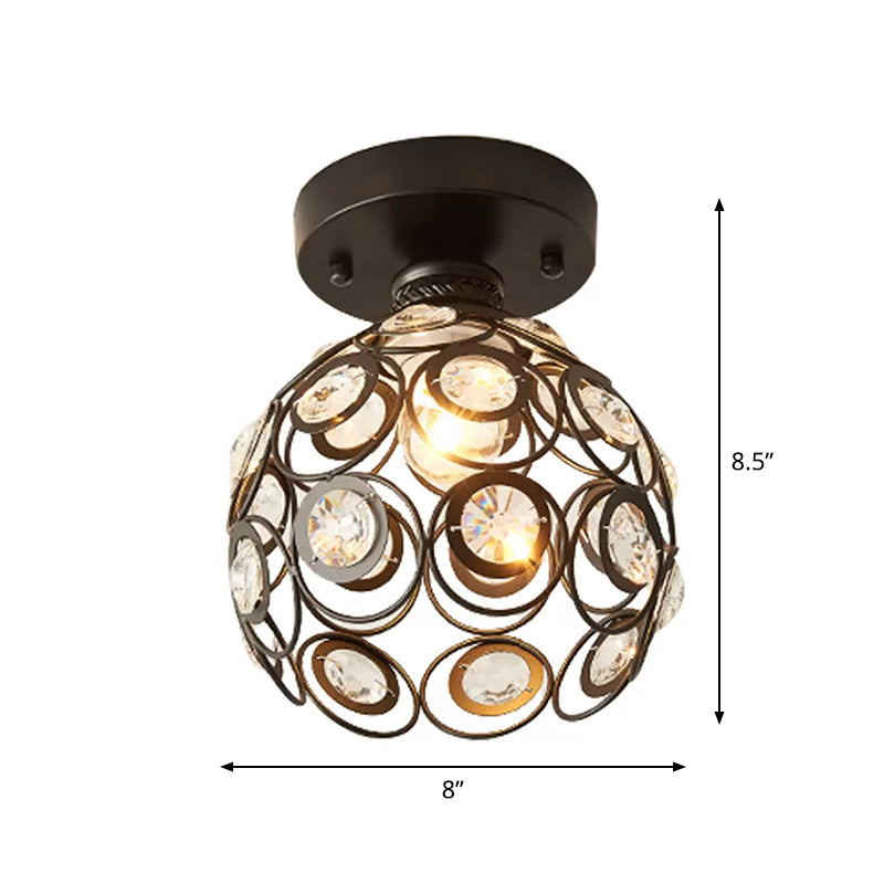 Retro Crystal Ceiling Light: Black Semi Flush Single-Bulb Design for Corridor