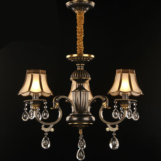 Scalloped Black and Brass Pendant Light with Crystal Deco - Traditional Dining Room Chandelier