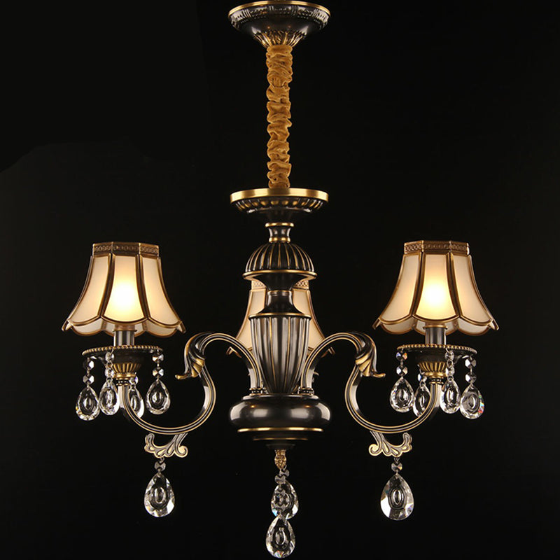 Scalloped Black and Brass Pendant Light with Crystal Deco - Traditional Dining Room Chandelier