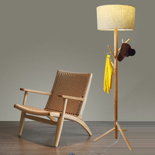 Minimalist Flaxen Drum Stand Up Lamp - Wooden Tripod, 1-Light Fabric Floor Light with Coat Rack