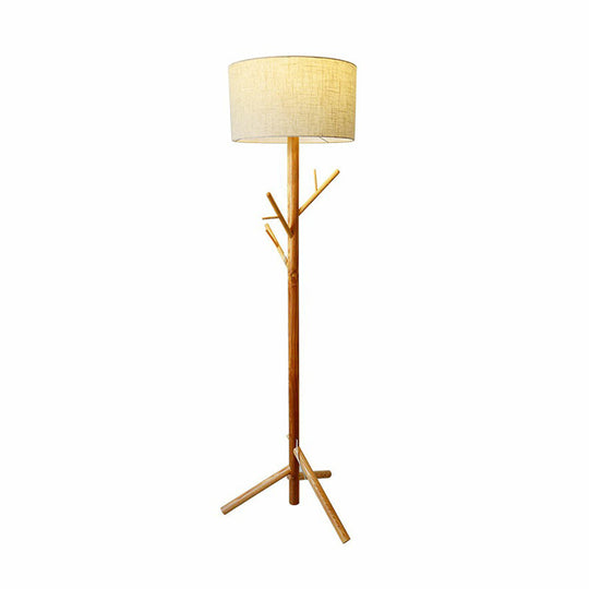 Minimalist Flaxen Drum Stand Up Lamp - Wooden Tripod, 1-Light Fabric Floor Light with Coat Rack