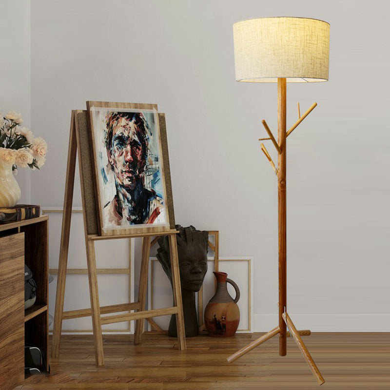 Minimalist Flaxen Drum Stand Up Lamp - Wooden Tripod, 1-Light Fabric Floor Light with Coat Rack