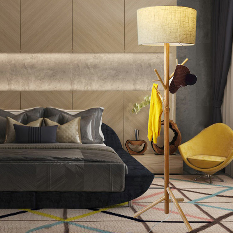 Minimalist Flaxen Drum Stand Up Lamp - Wooden Tripod, 1-Light Fabric Floor Light with Coat Rack