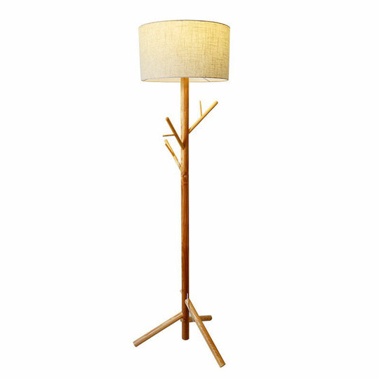 Minimalist Flaxen Drum Stand Up Lamp - Wooden Tripod, 1-Light Fabric Floor Light with Coat Rack