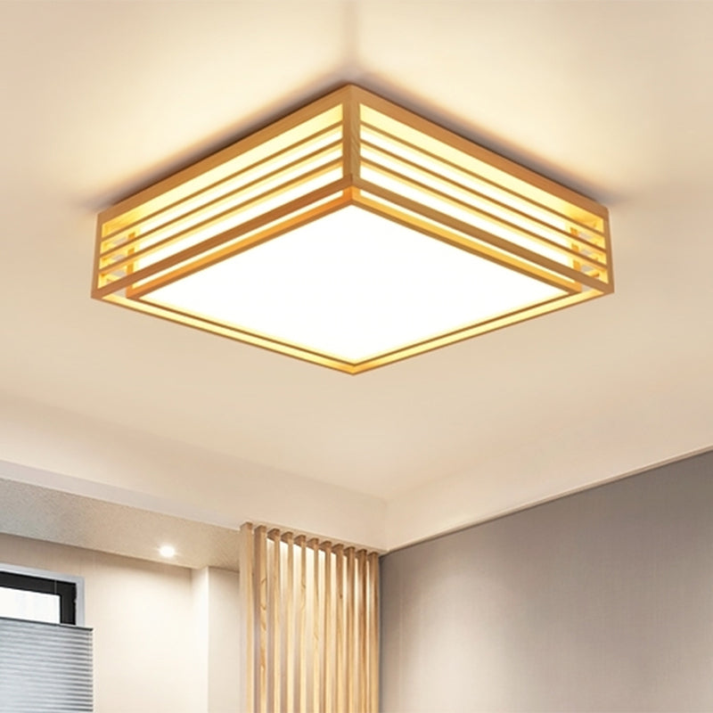 Sleek Beige LED Flush-Mount Wood Square Ceiling Light