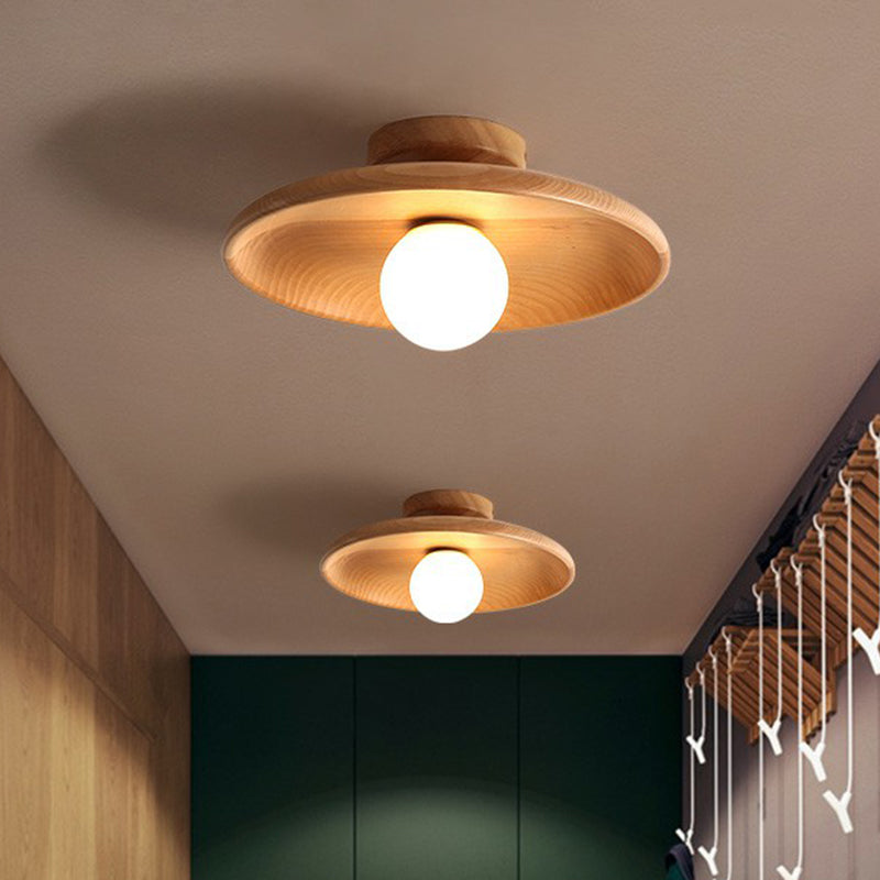 Minimalist Wooden Flush Mount Ceiling Lamp- Shallow Bowl Shape, 1 Head- Perfect for Aisles