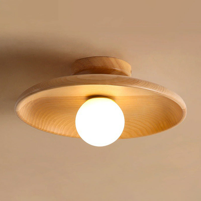Minimalist Wooden Flush Mount Ceiling Lamp- Shallow Bowl Shape, 1 Head- Perfect for Aisles