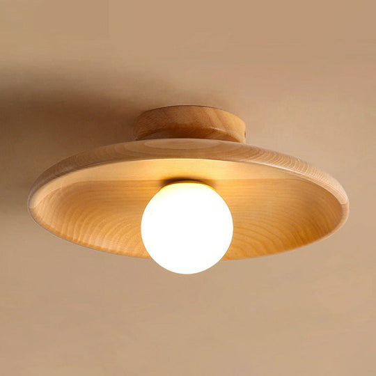 Minimalist Wooden Flush Mount Ceiling Lamp- Shallow Bowl Shape, 1 Head- Perfect for Aisles