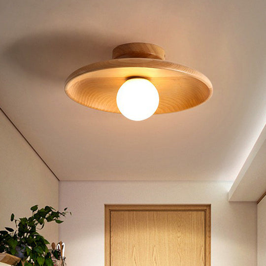 Minimalist Wooden Flush Mount Ceiling Lamp- Shallow Bowl Shape, 1 Head- Perfect for Aisles