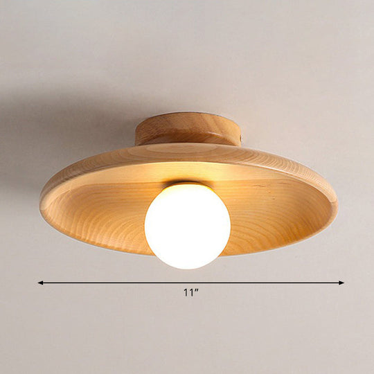 Minimalist Wooden Flush Mount Ceiling Lamp- Shallow Bowl Shape, 1 Head- Perfect for Aisles