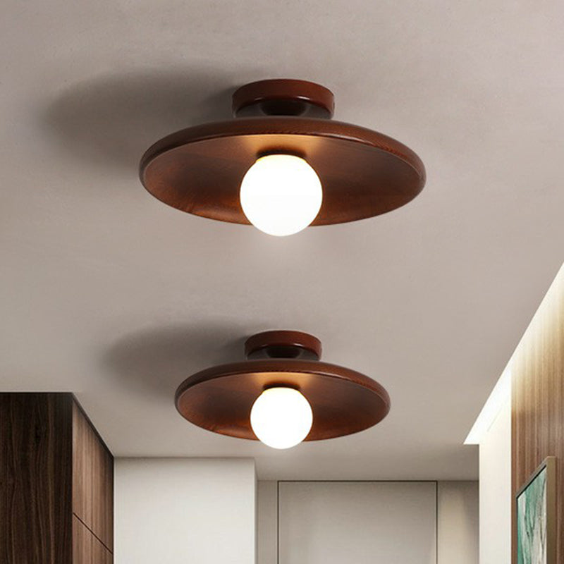 Minimalist Wooden Flush Mount Ceiling Lamp- Shallow Bowl Shape, 1 Head- Perfect for Aisles