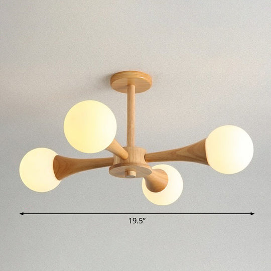 Nordic Milky Glass Bedroom Chandelier with Wooden Arm - Burst Ball Suspension Light