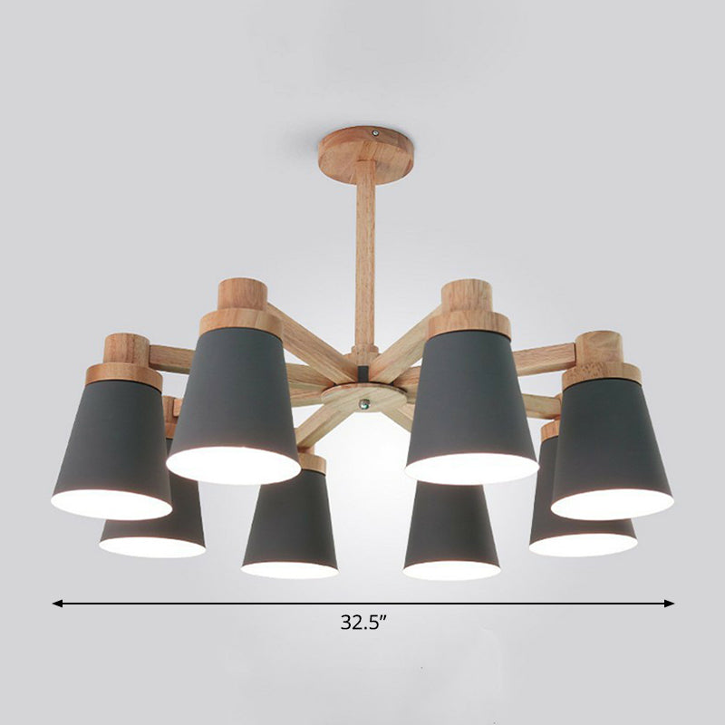 Nordic Iron Chandelier with Wooden Arm - Stylish Conical Suspension Light for Living Room