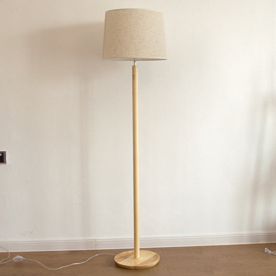 Minimalistic Fabric Tapered Drum Floor Lamp with Wood Stand - 1 Head Standing Light