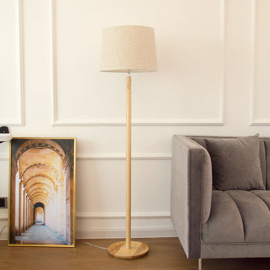 Minimalistic Fabric Tapered Drum Floor Lamp with Wood Stand - 1 Head Standing Light