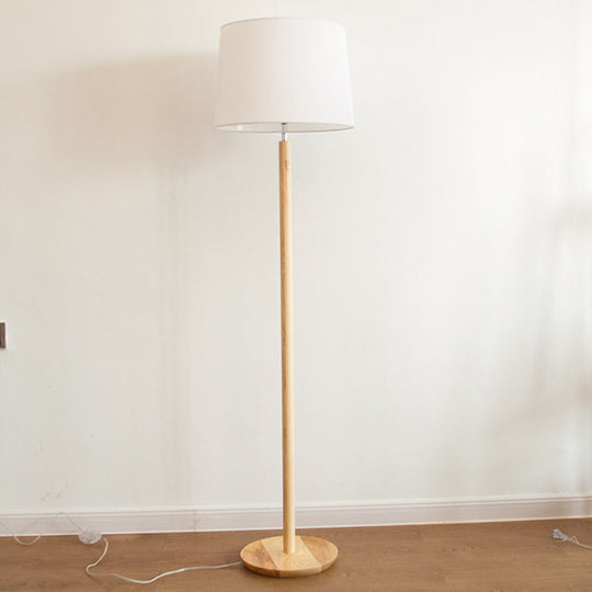 Minimalistic Fabric Tapered Drum Floor Lamp with Wood Stand - 1 Head Standing Light