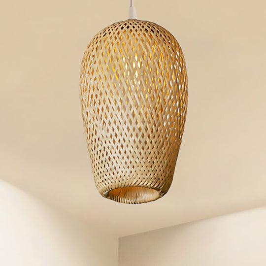 Bamboo 1-Light Pendant Lamp: Lodge Style Woven Shade, Kitchen Suspension Lighting in Yellow (9"/10" Wide)