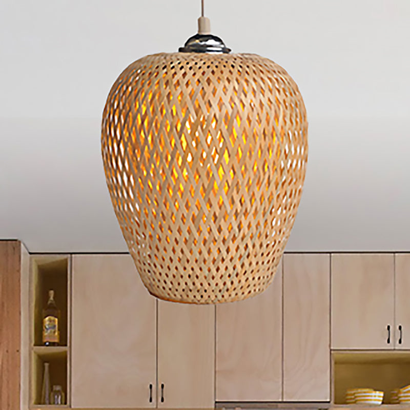 Bamboo 1-Light Pendant Lamp: Lodge Style Woven Shade, Kitchen Suspension Lighting in Yellow (9"/10" Wide)