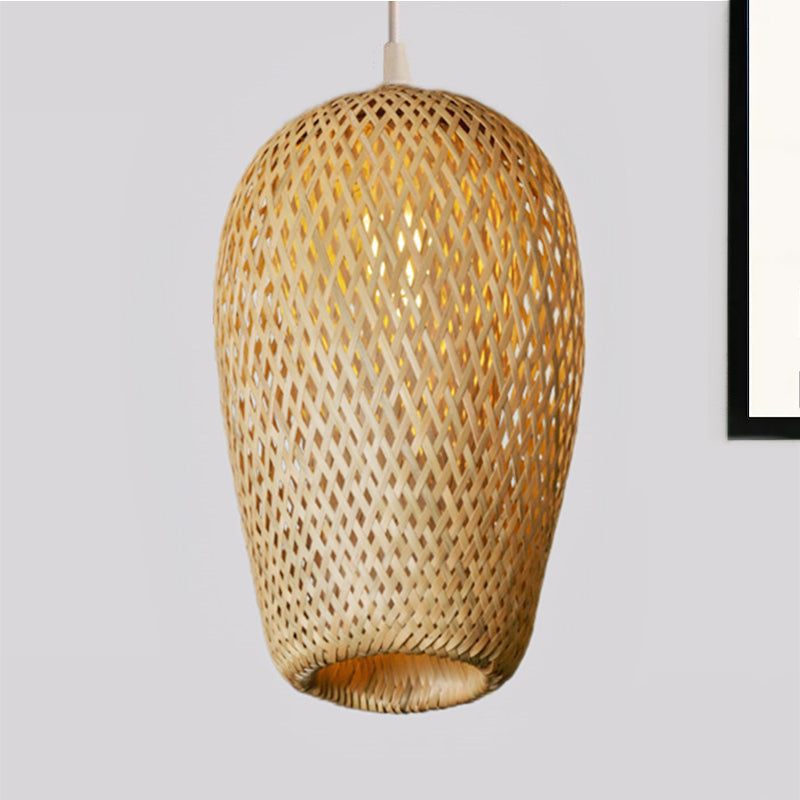 Bamboo 1-Light Pendant Lamp: Lodge Style Woven Shade, Kitchen Suspension Lighting in Yellow (9"/10" Wide)