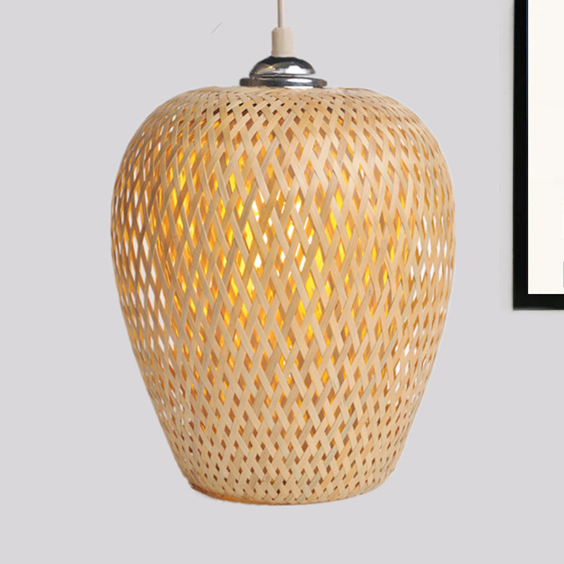 Bamboo 1-Light Pendant Lamp: Lodge Style Woven Shade, Kitchen Suspension Lighting in Yellow (9"/10" Wide)