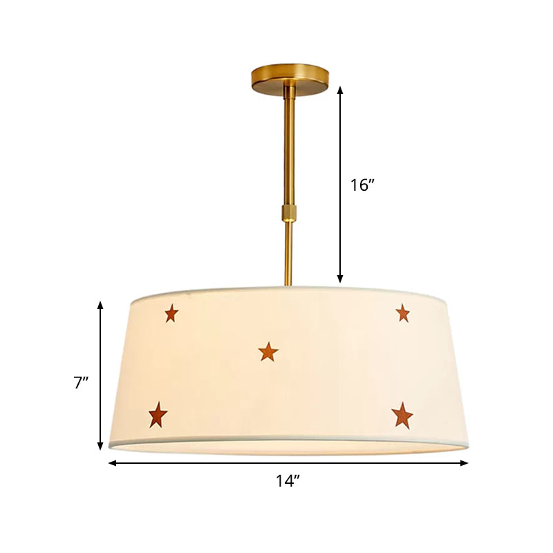 Simple Style White Fabric Drum Chandelier - Adult Bedroom Pendant Light with Star Design