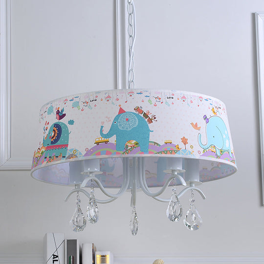 Elephant Crystal Drum Pendant Light: White 5-Light Chandelier for Kids' Bedroom