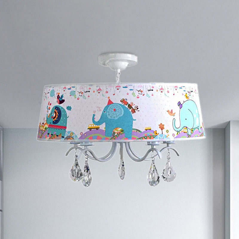 Elephant Crystal Drum Pendant Light: White 5-Light Chandelier for Kids' Bedroom
