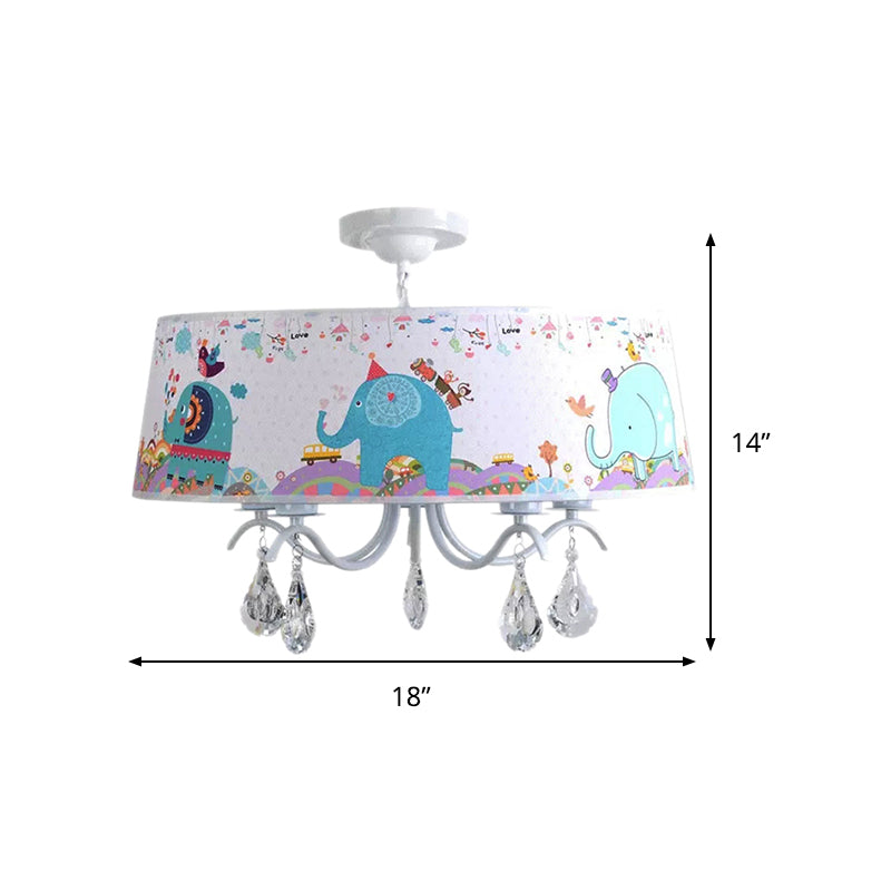 Elephant Crystal Drum Pendant Light: White 5-Light Chandelier for Kids' Bedroom