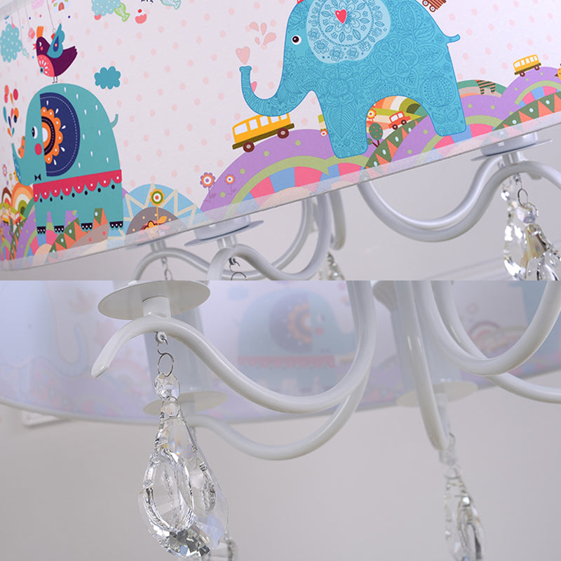 Elephant Crystal Drum Pendant Light: White 5-Light Chandelier for Kids' Bedroom