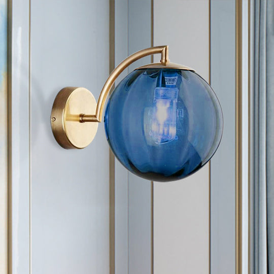 Postmodern Brass Ball Sconce Lamp - Red/Blue/Amber Glass, Single Light Wall Fixture