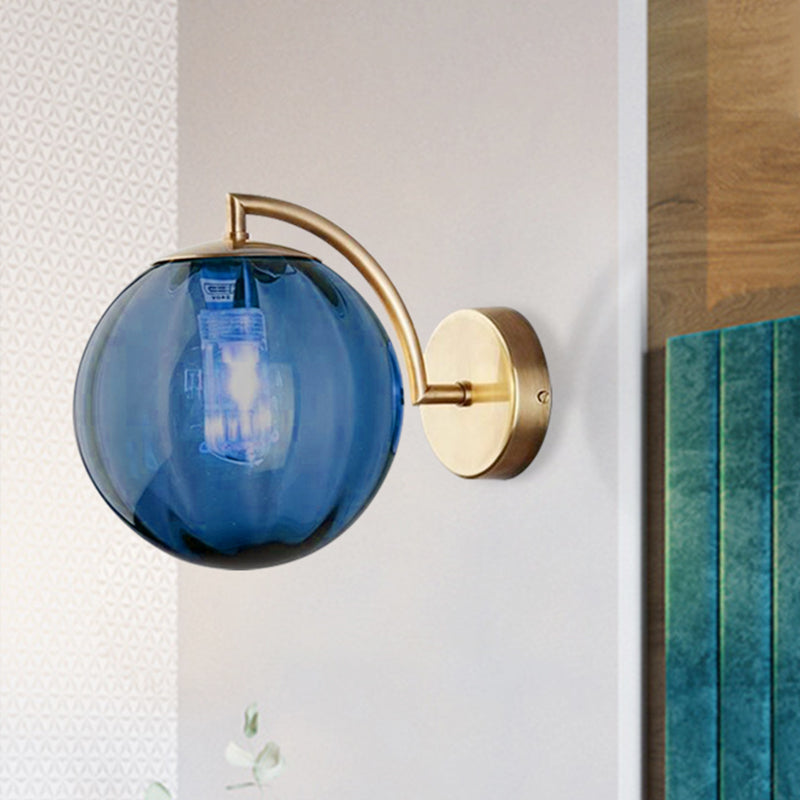Postmodern Brass Ball Sconce Lamp - Red/Blue/Amber Glass, Single Light Wall Fixture