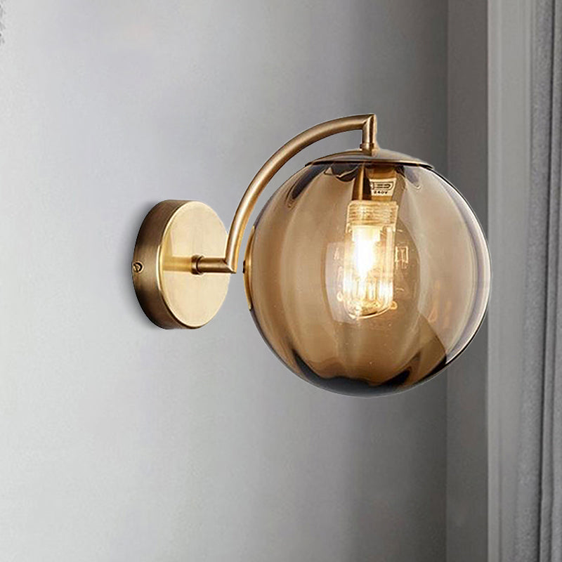 Postmodern Brass Ball Sconce Lamp - Red/Blue/Amber Glass, Single Light Wall Fixture