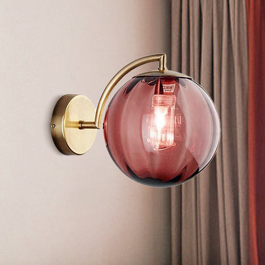 Postmodern Brass Ball Sconce Lamp - Red/Blue/Amber Glass, Single Light Wall Fixture
