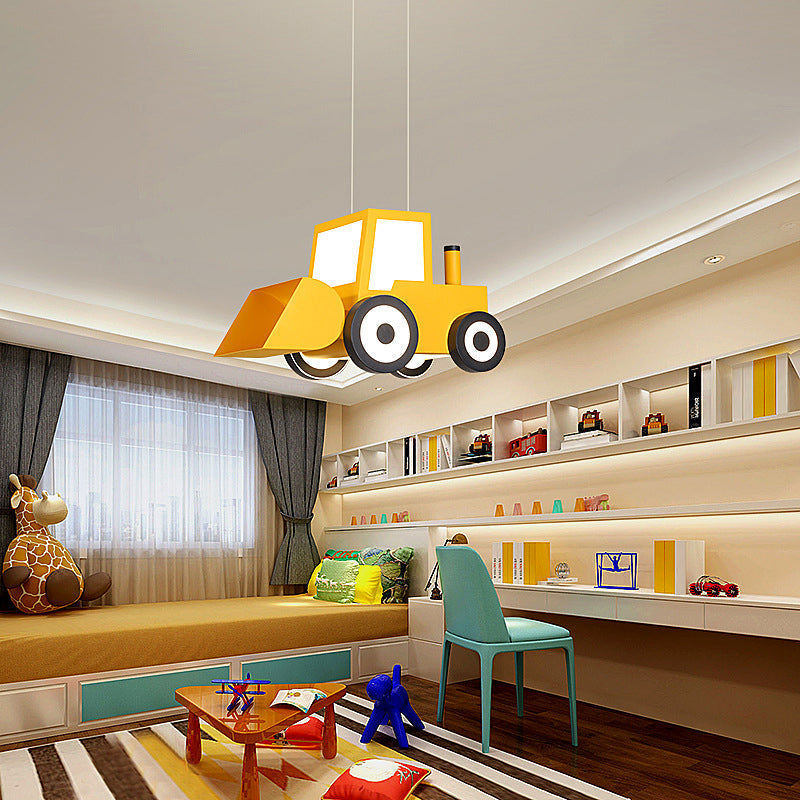 Cartoon Bulldozer LED Chandelier: Metal Lighting Fixture for Boys Bedroom