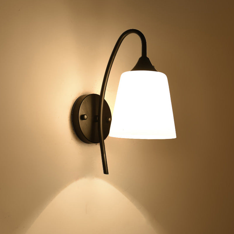 Rustic Black Gooseneck Wall Light with Milk Glass Shade - Bedroom Sconce Lamp