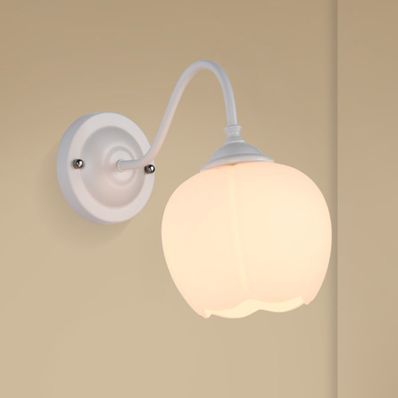 White Glass Wall Sconce with Gooseneck Arm - Countryside Flower Bud Lamp