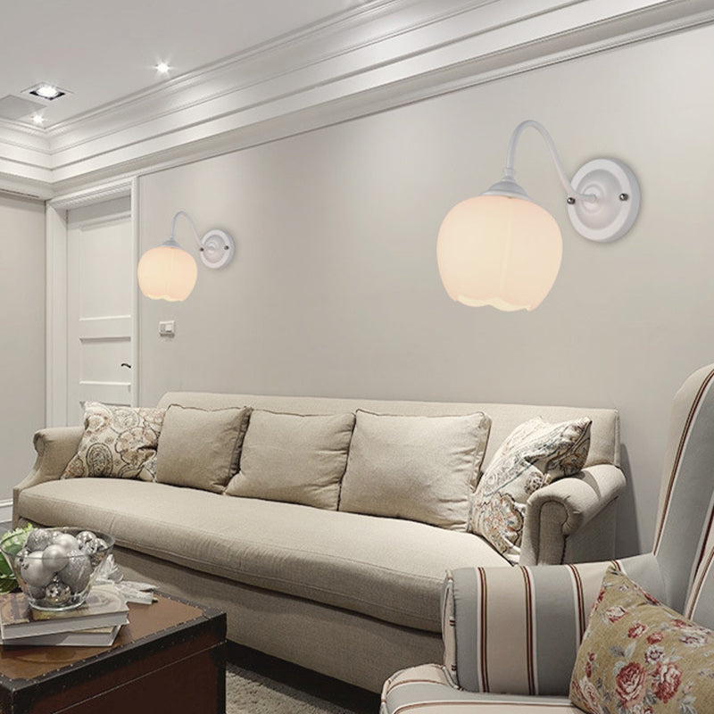 White Glass Wall Sconce with Gooseneck Arm - Countryside Flower Bud Lamp