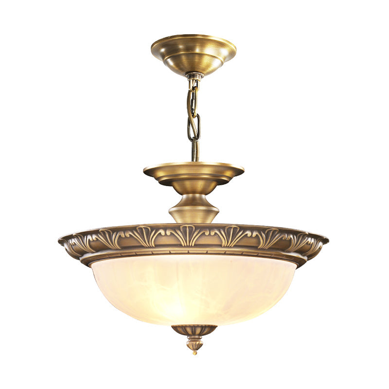 Antique Style Bronze Bowl Suspension Light with White Glass - Corridor Chandelier Pendant