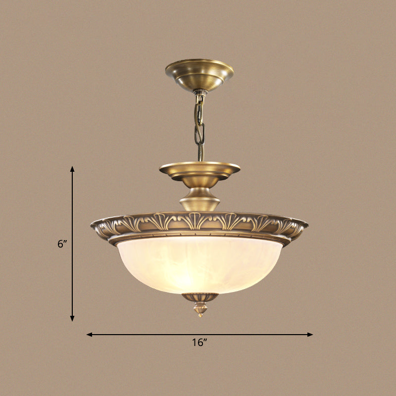 Antique Style Bronze Bowl Suspension Light with White Glass - Corridor Chandelier Pendant