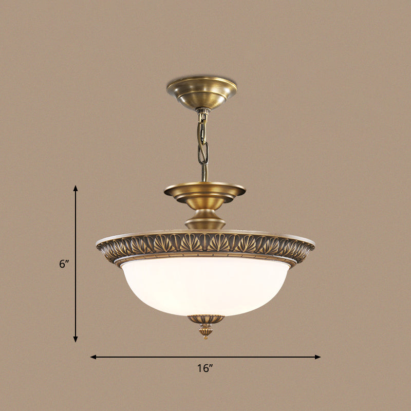 Antique Style Bronze Bowl Suspension Light with White Glass - Corridor Chandelier Pendant