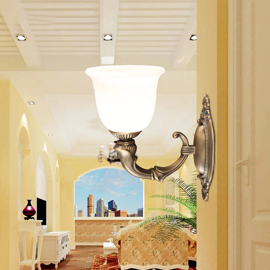 Retro Ivory Glass Bell Wall Lamp - Bronze 1-Bulb Sconce Light Fixture for Aisle