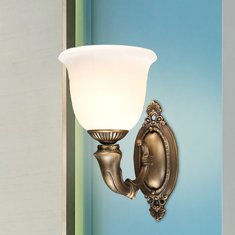 Retro Ivory Glass Bell Wall Lamp - Bronze 1-Bulb Sconce Light Fixture for Aisle