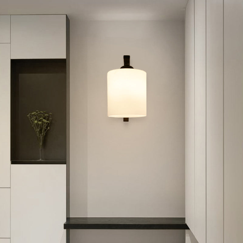 Vintage Cylindrical White Glass Wall Sconce with Curved Black Arm