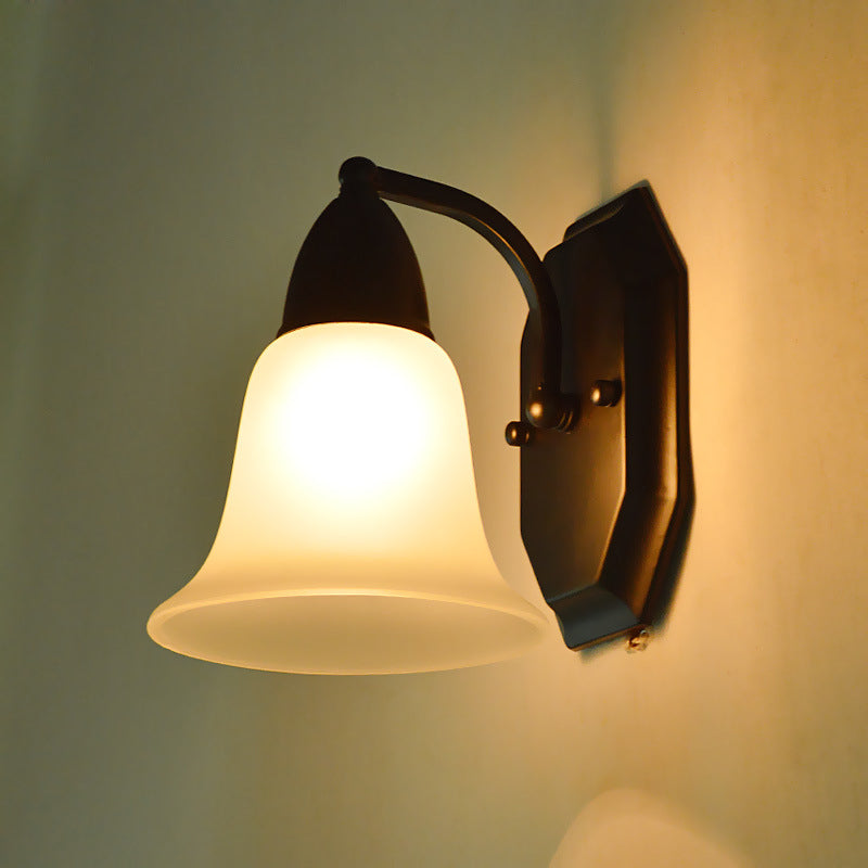 Country Style Frosted Glass Flared Wall Lamp in Black: Single Corridor Wall Light