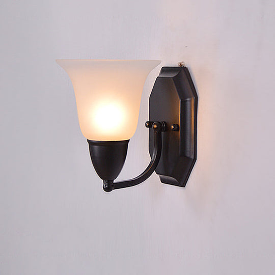 Country Style Frosted Glass Flared Wall Lamp in Black: Single Corridor Wall Light